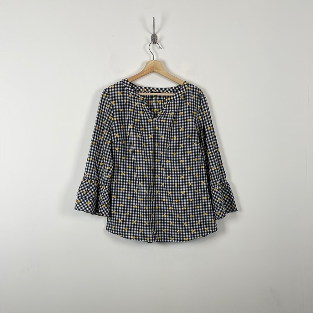 Talbots Women's XLP Gingham Plaid Embroidered 3/4 Bell Sleeve Pullover Blouse
